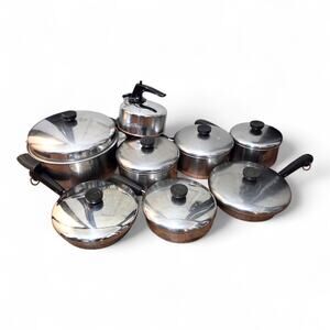 Vintage Revere Ware Copper Bottom Cookware Set Lot of 15 Pcs Pots, Pans & Lid